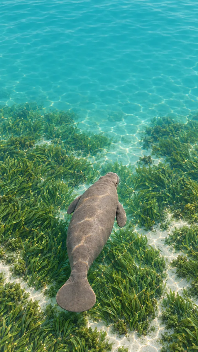 A manatee gliding over seagrass in clear Florida water